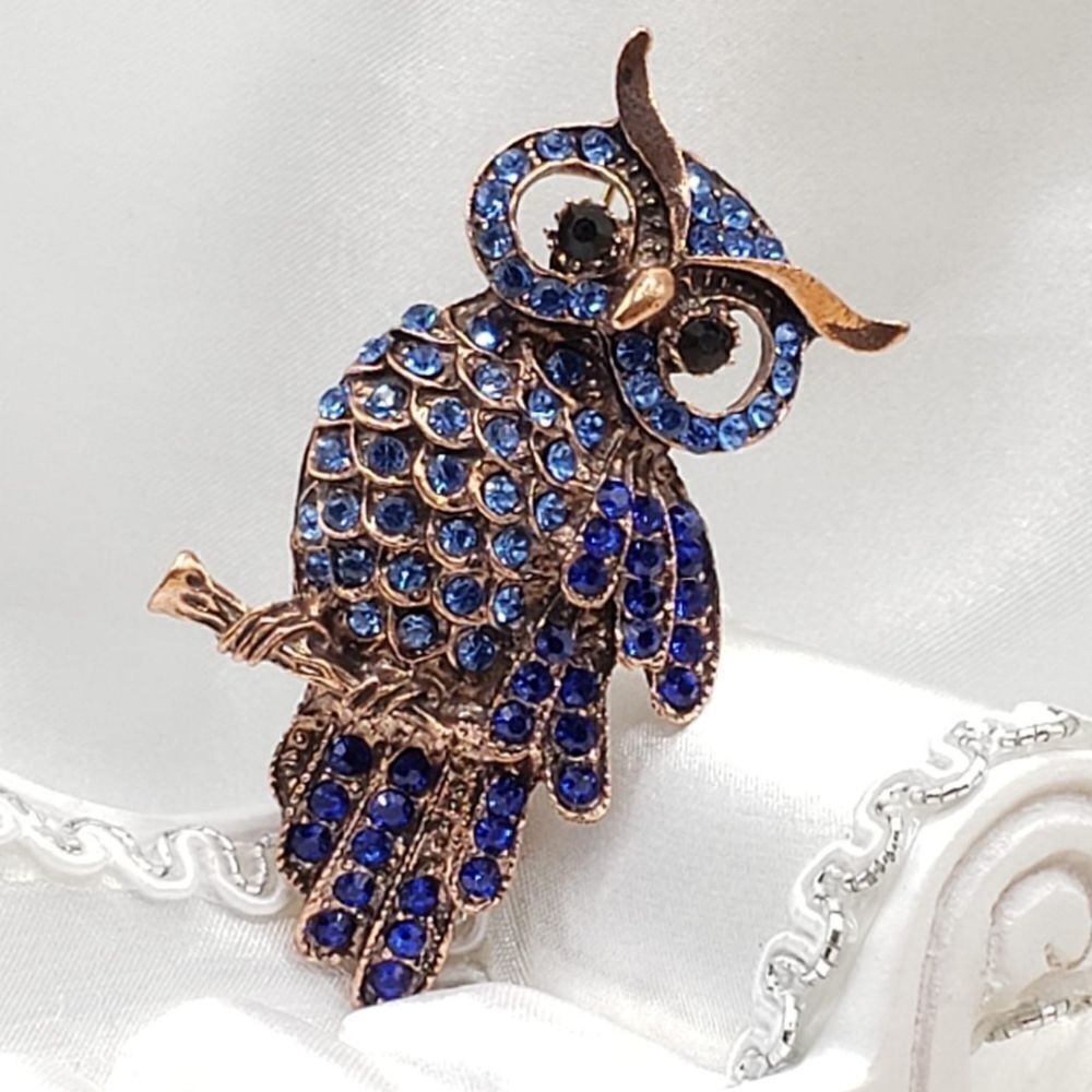 Brand New Blue Rhinestone Owl Brooch Pin